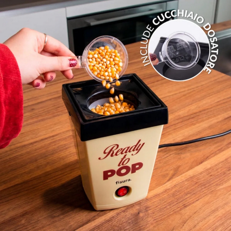 Macchina per popcorn ad aria calda utilizzabile senza olio in stile vintage con scritta “Ready to pop”, include secchiello da 2 litri e cucchiaio dosatore