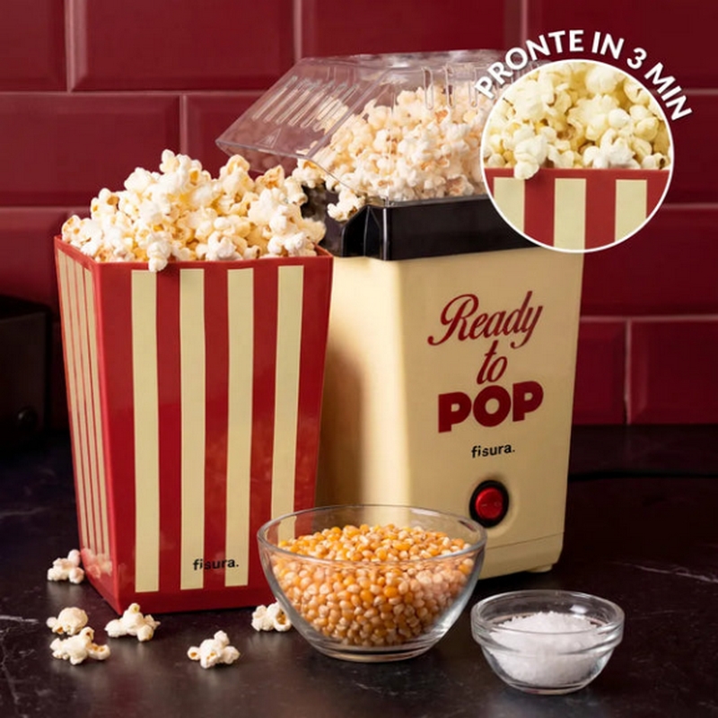 Macchina per popcorn ad aria calda utilizzabile senza olio in stile vintage con scritta “Ready to pop”, include secchiello da 2 litri e cucchiaio dosatore