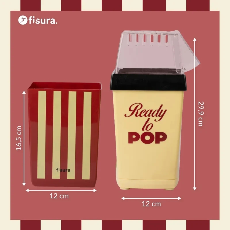 Macchina per popcorn ad aria calda utilizzabile senza olio in stile vintage con scritta “Ready to pop”, include secchiello da 2 litri e cucchiaio dosatore