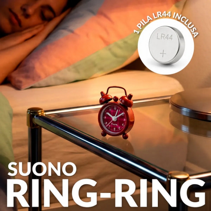 Mini sveglia analogica in stile retrò rossa, funzionamento con 1 pila a bottone LR44 inclusa