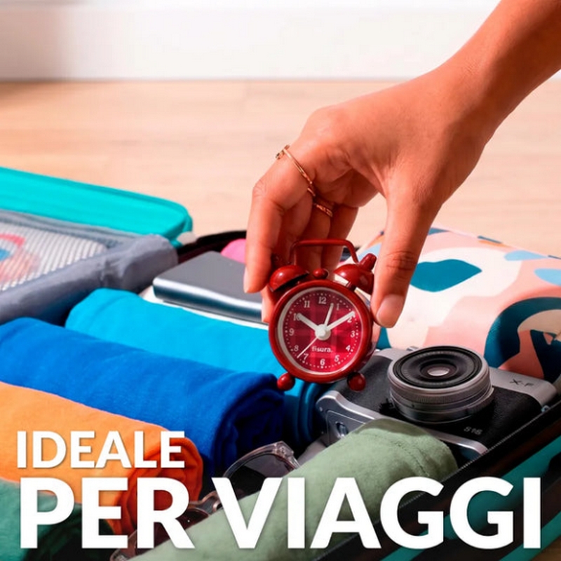 Mini sveglia analogica in stile retrò rossa, funzionamento con 1 pila a bottone LR44 inclusa