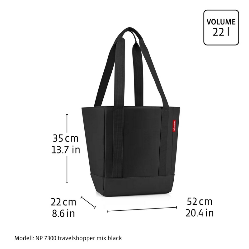 Borsa shopper o da viaggio nera con tasche interne, chisura zip e base rinforzata, in materiali idrorepellenti e adatta anche a spesa e lavoro, capacità da 22 litri