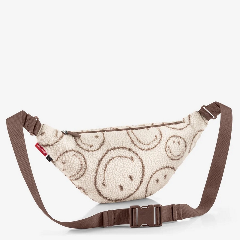 Marsupio bouclé beige decorato con smiley da 2 litri di capacità con tasca interna e chiusura zip