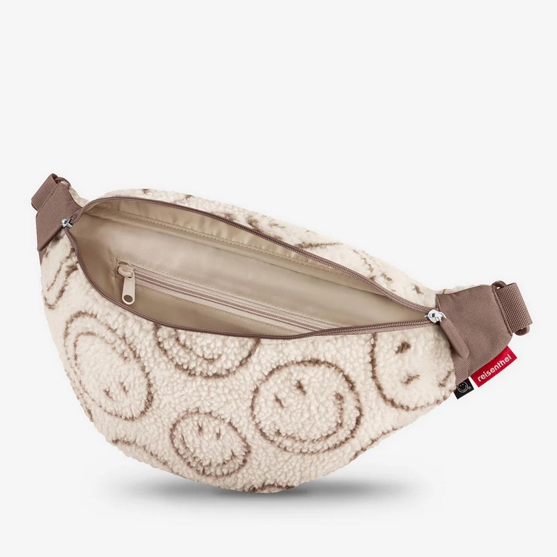 Marsupio bouclé beige decorato con smiley da 2 litri di capacità con tasca interna e chiusura zip