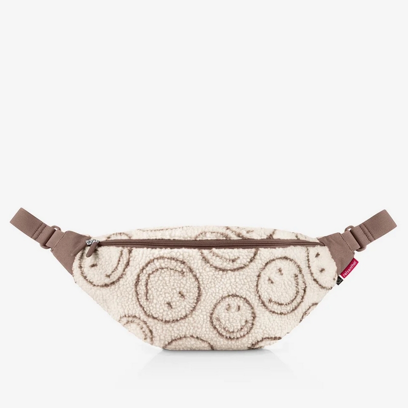 Marsupio bouclé beige decorato con smiley da 2 litri di capacità con tasca interna e chiusura zip