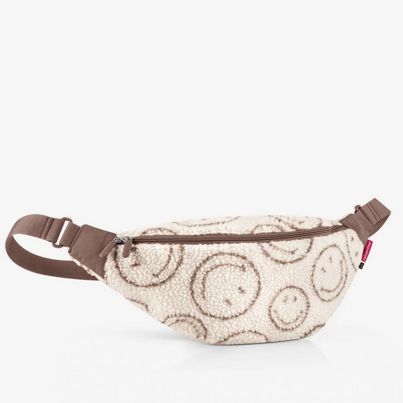 Marsupio bouclé beige decorato con smiley da 2 litri di capacità con tasca interna e chiusura zip