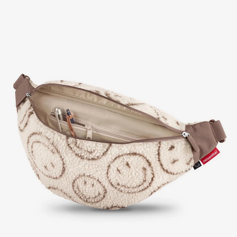 Marsupio bouclé beige decorato con smiley da 2 litri di capacità con tasca interna e chiusura zip