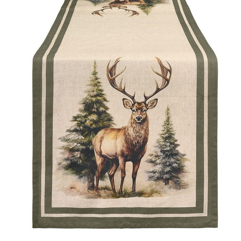 Runner decorato con cervo nel bosco da 50 x 150 cm, realizzato in cotone, perfetto per la tavola autunnale o invernale