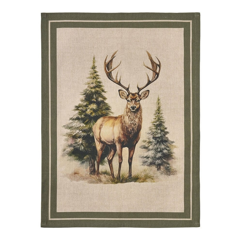 Strofinaccio decorato con cervo nel bosco da 50 x 70 cm, realizzato in cotone, perfetto per la tavola autunnale o invernale