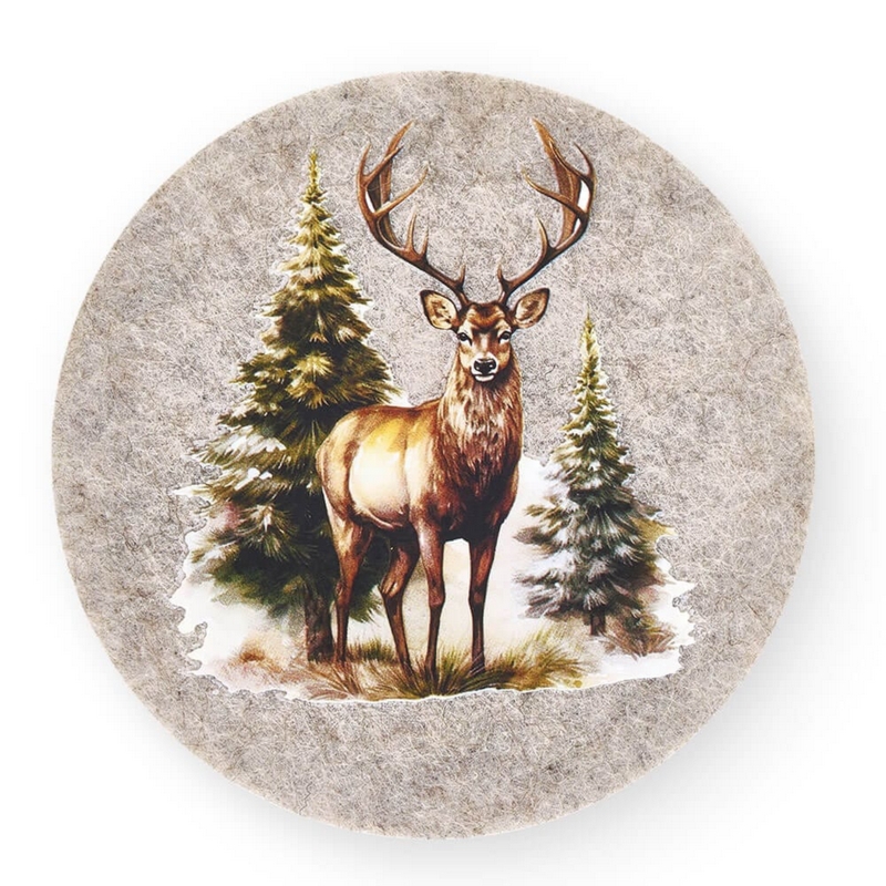 Tovaglietta americana tonda decorata con cervo nel bosco da 38 x 38 cm, realizzata in feltro, perfetto per la tavola autunnale o invernale