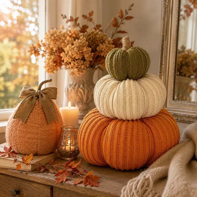 Zucche decorative in tessuto impilate di colore verde, crema e arancione (non separabili tra loro), perfette come decorazione autunnale