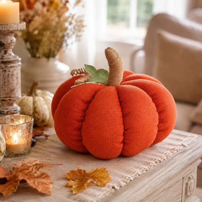 Zucca decorativa in tessuto arancione, perfetta come decorazione autunnale