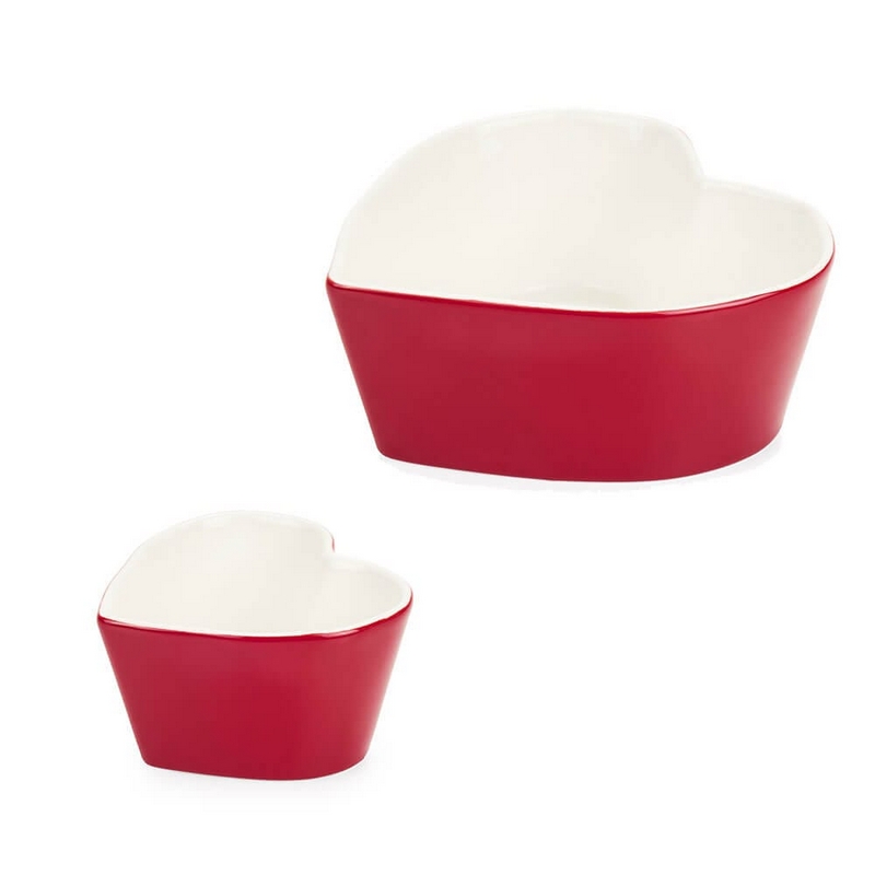 Set 2 ciotole rosse a forma di cuore realizzate in ceramica di due dimensioni diverse, adatte al contatto con alimenti, lavabili in lavastoviglie e utilizzabili in microonde