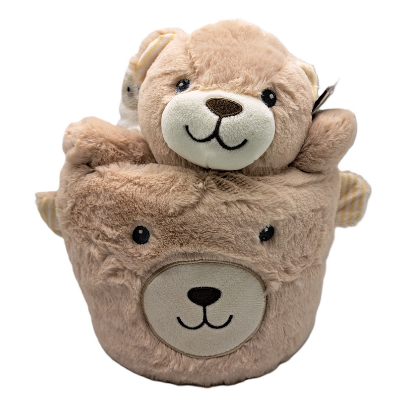 Pile da 90 x 75 cm con cesto decorato e peluche orso o cane assortiti, perfetti come regalo per bambini