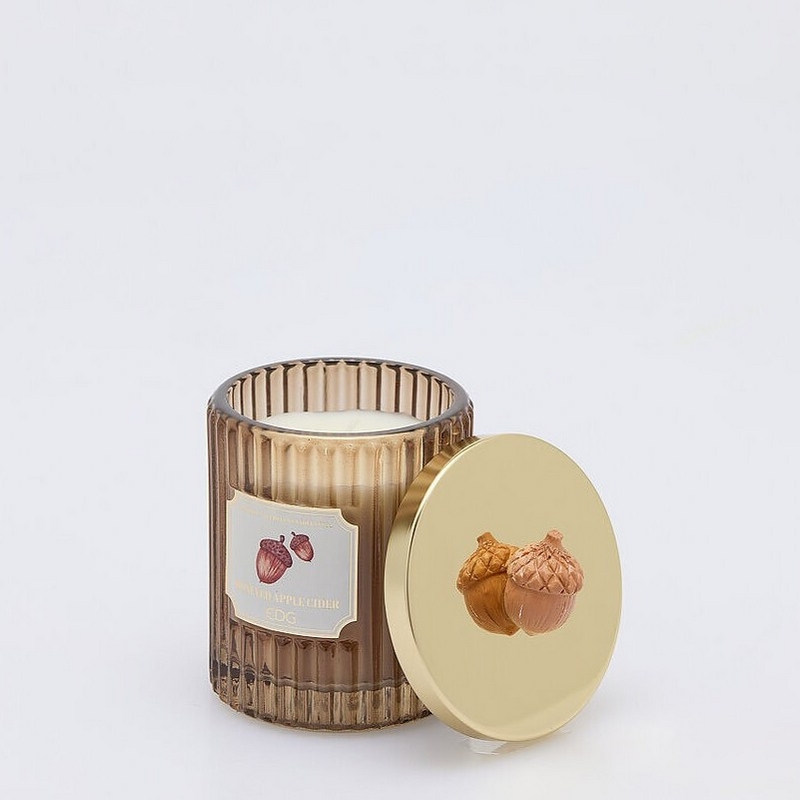 Candela profumata autunnale al sidro di mele con miele contenuta in un barattolo di vetro marrone con coperchio con ghianda, utilizzabile da sé una volta esaurita la candela, perfetta come idea regalo autunno