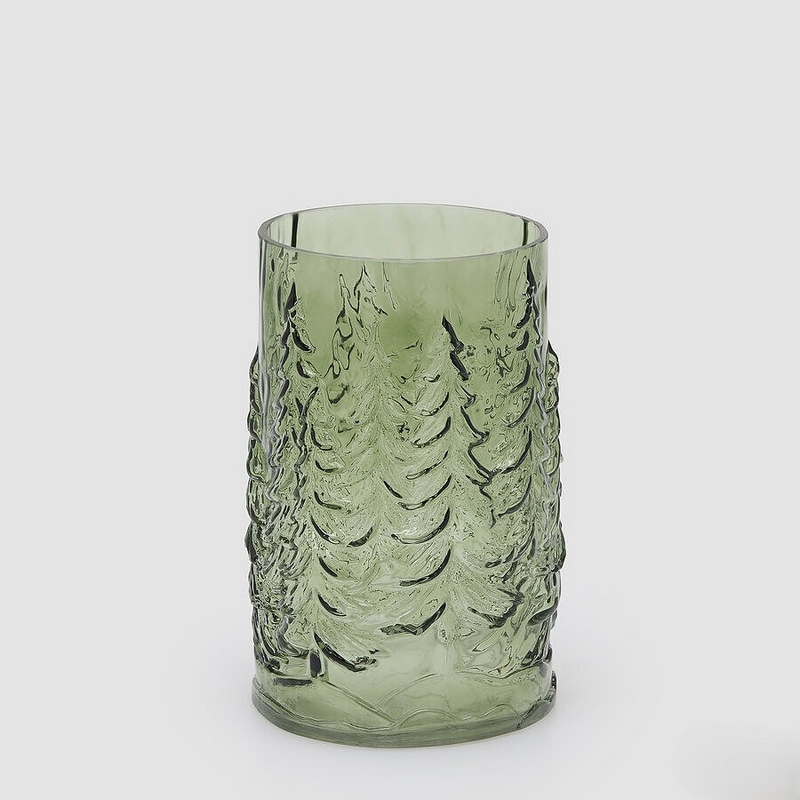 Vaso cilindrico decorato con pini in vetro verde, ideale come decoro autunnale