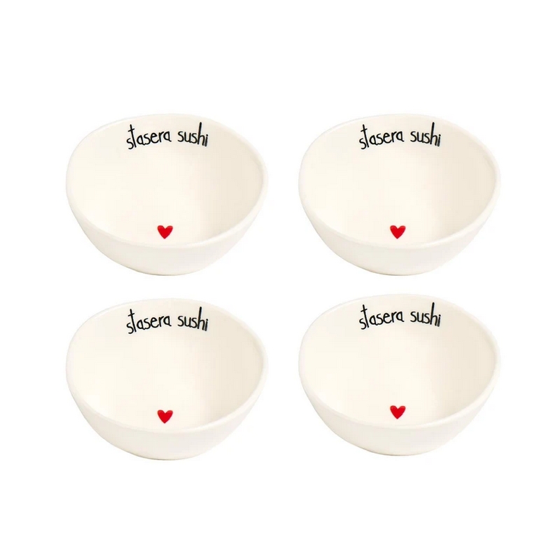 Set 4 ciotoline in ceramica bianca con scritta “Stasera sushi
