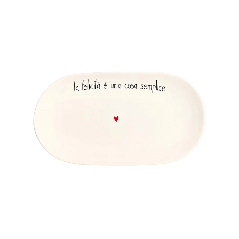Piatto da portata ovale in ceramica bianca decorato con scritta “La felicità è una cosa semplice” e cuore, utilizzabile anche come vassoio o centrotavola