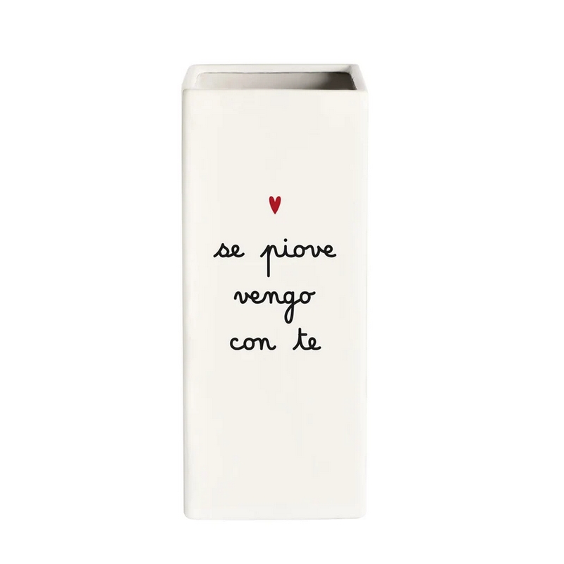 Portaombrelli in ceramica bianca decorato con scritta “Se piove vengo con te” e cuore