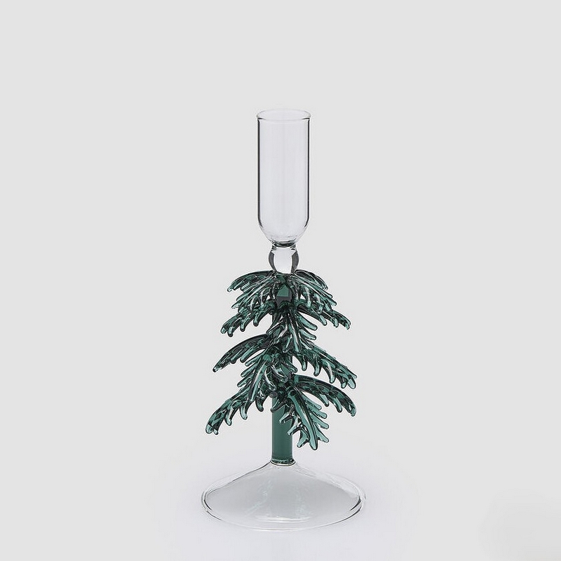 Portacandele a stelo a forma di albero di pino verde in vetro, perfetto come decorazione per autunno e inverno
