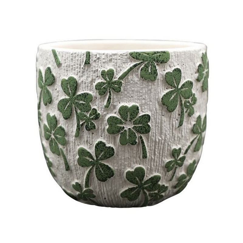 Vaso in cemento a righe verticali decorato con quadrifogli e trifogli