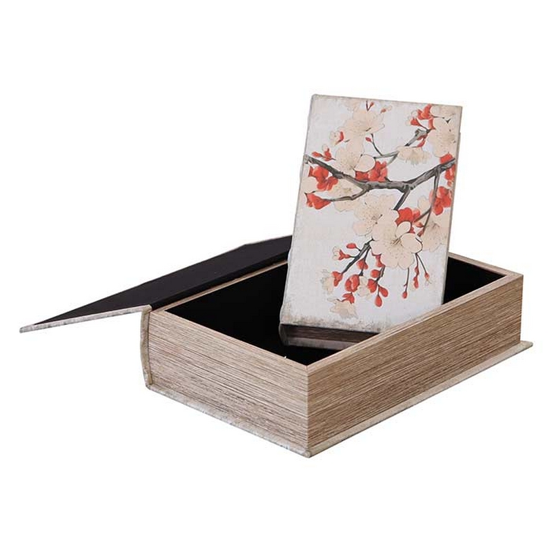 Scatola libro decorata con fiori di ciliegio bianchi e rossi con interno vellutato e chiusura magnetica, perfetta come idea regalo autunnale
