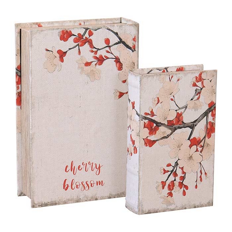 Scatola libro decorata con fiori di ciliegio bianchi e rossi con interno vellutato e chiusura magnetica, perfetta come idea regalo autunnale