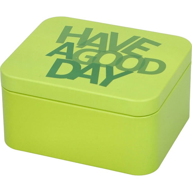 Scatola di latta da cucina verde con scritta “Have a good day”