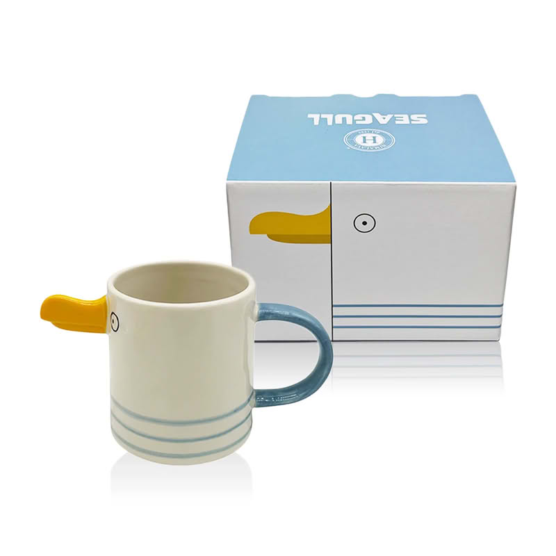 Tazza mug a forma di gabbiano con becco e manico, realizzata in ceramica e dipinta a mano, capacità 400 ml