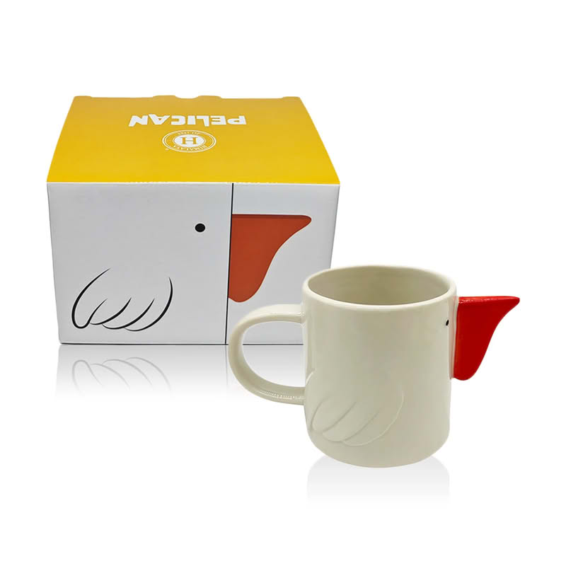 Tazza mug a forma di pellicano con becco e manico, realizzata in ceramica e dipinta a mano, capacità 400 ml