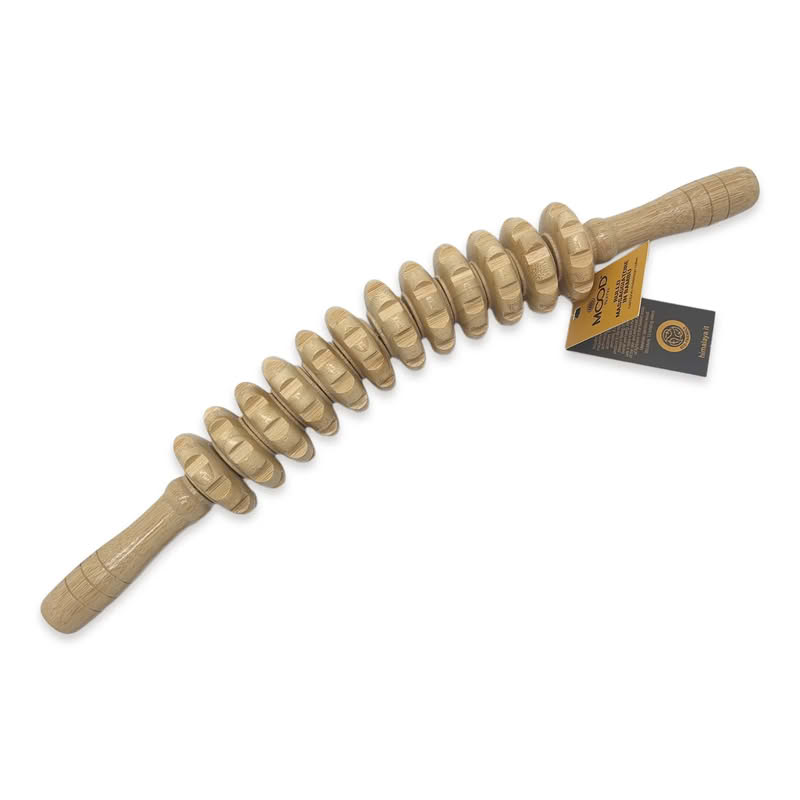 Massaggiatore con rulli in legno di bambù, ispirato alle tecniche di maderoterapia, ideale per l’automassaggio di gambe, glutei e addome