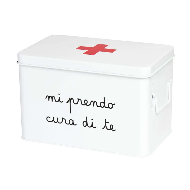 Scatola per farmaci in latta bianca con simbolo farmacia e scritta “Mi prendo cura di te”, con scomparti e vassoio removibile
