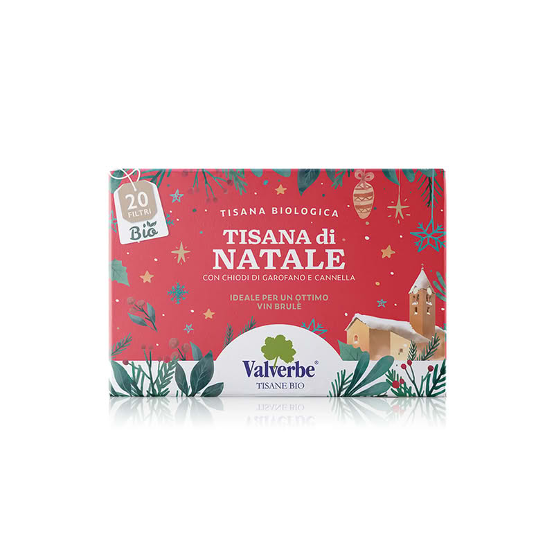 Tisana biologica di Natale utilizzabile anche come vin brulé, contiene 20 filtri