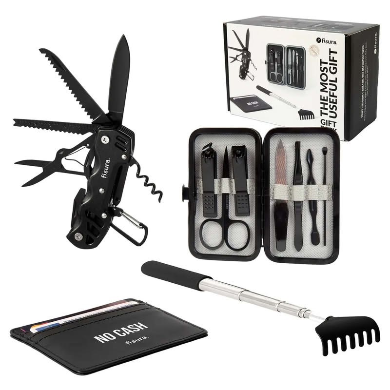 Set regali utili per uomo contenente astuccio con accessori per manicure, accessorio multiutensile 13 in 1, grattaschiena telescopico e portatessere