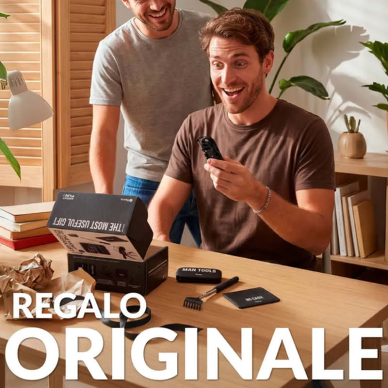 Set regali utili per uomo contenente astuccio con accessori per manicure, accessorio multiutensile 13 in 1, grattaschiena telescopico e portatessere