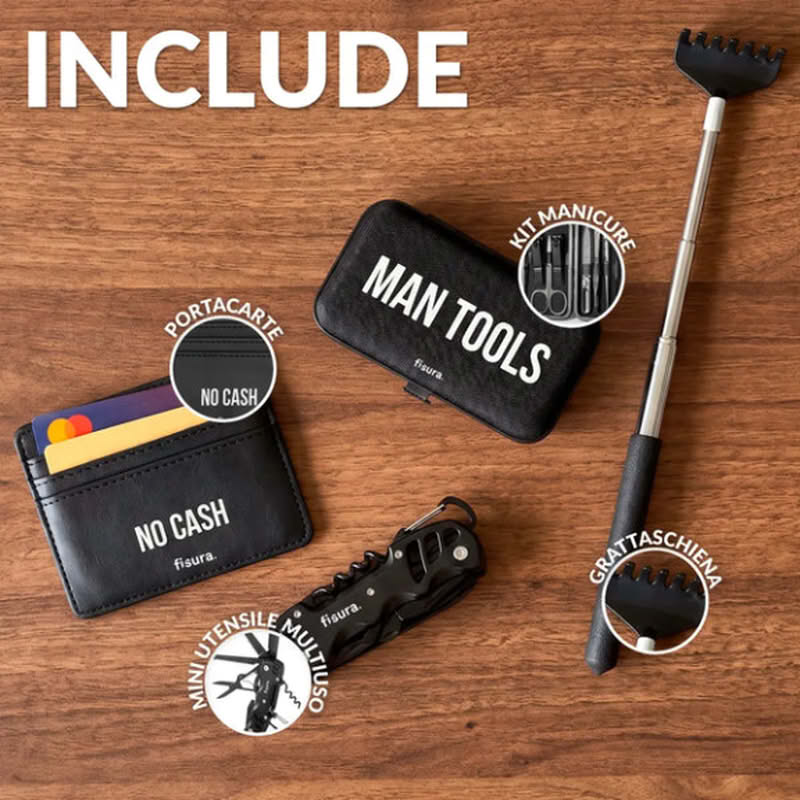 Set regali utili per uomo contenente astuccio con accessori per manicure, accessorio multiutensile 13 in 1, grattaschiena telescopico e portatessere