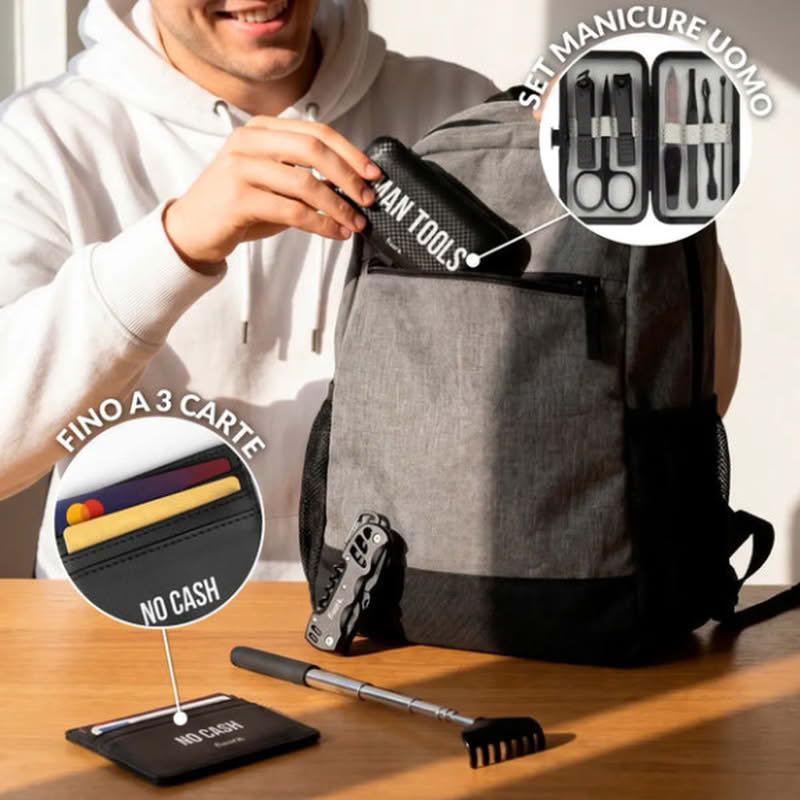 Set regali utili per uomo contenente astuccio con accessori per manicure, accessorio multiutensile 13 in 1, grattaschiena telescopico e portatessere