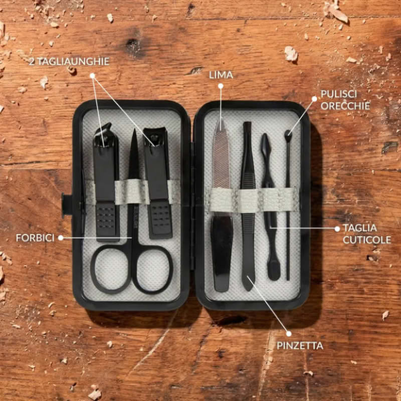Set regali utili per uomo contenente astuccio con accessori per manicure, accessorio multiutensile 13 in 1, grattaschiena telescopico e portatessere