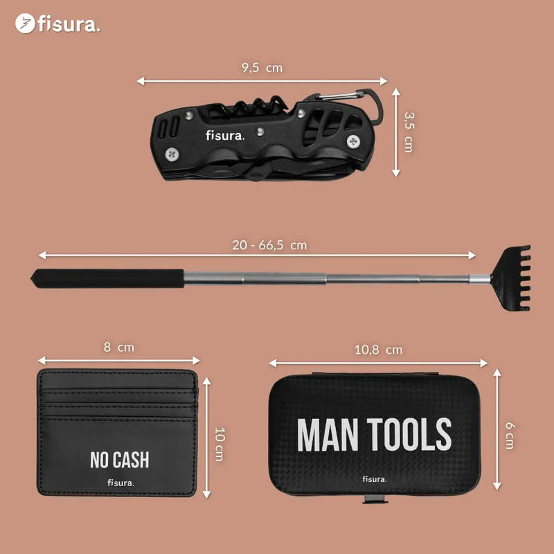 Set regali utili per uomo contenente astuccio con accessori per manicure, accessorio multiutensile 13 in 1, grattaschiena telescopico e portatessere