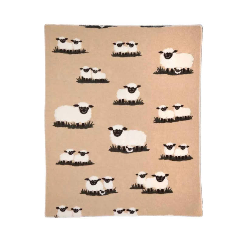 Coperta in lana cotta fatta in Italia decorata con pecorelle su fondo beige, lavabile in lavatrice - una calda coperta per letto o divano perfetta come idea regalo di Natale