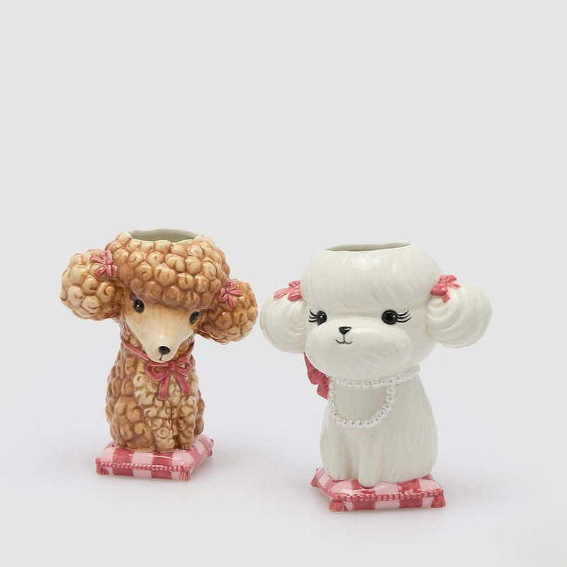 Vaso a forma di cane bianco con collana su cuscino in ceramica