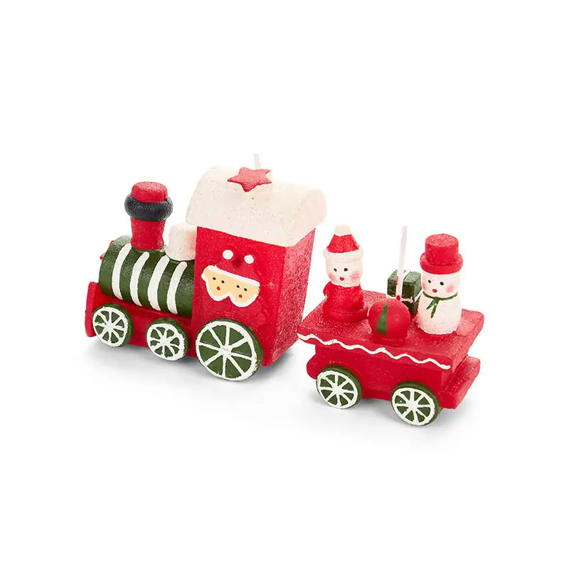 Candela di Natale a forma di trenino rosso con pupazzi di neve, perfetta come pensierino di Natale