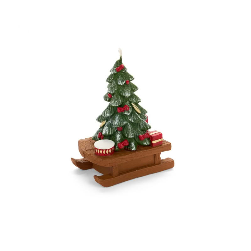 Candela a forma di albero di Natale su slitta con pacchi regalo, perfetta come pensierino di Natale