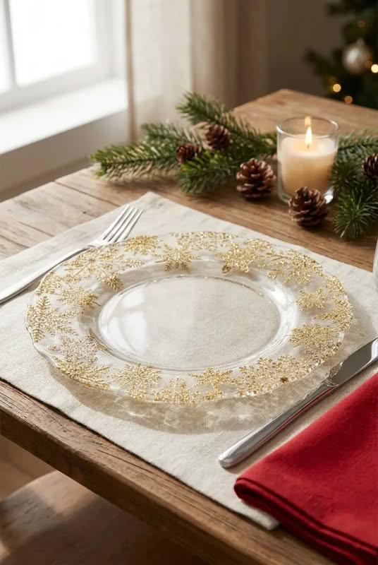 Piatto di Natale in vetro con bordo decorato con fiocchi di neve oro, perfetto per la tavola di Natale