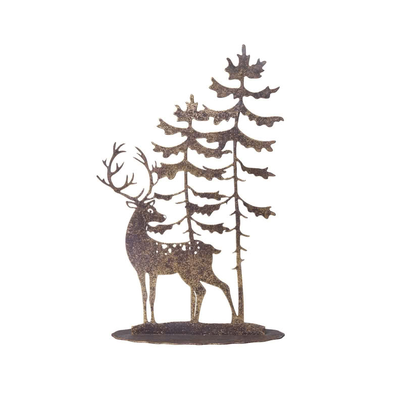Paesaggio di Natale in metallo dorato da appoggio raffigurante cervo nel bosco, perfetto come decorazione natalizia