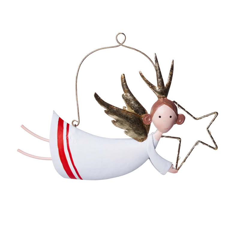 Angelo di Natale in metallo da appendere con stella luminosa, perfetto come idea regalo di Natale