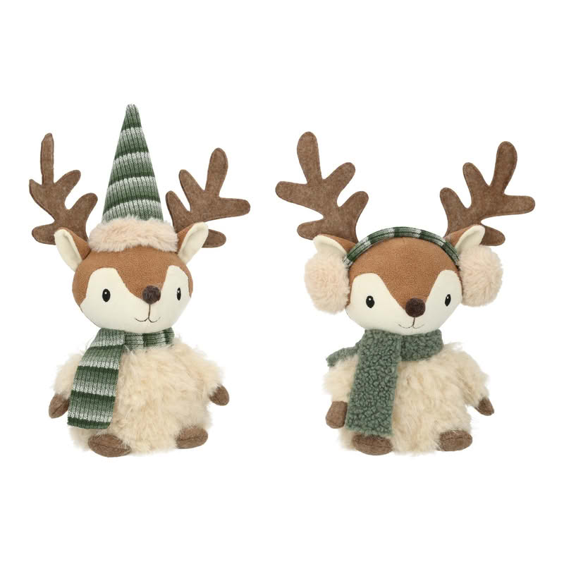 Renna peluche di Natale con sciarpa verde in 2 varianti assortite, una con cappello conico e l'altra con paraorecchie, perfetta come idea regalo di Natale