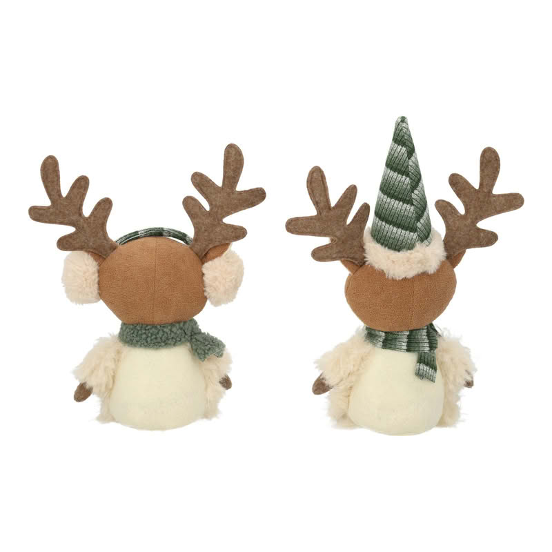 Renna peluche di Natale con sciarpa verde in 2 varianti assortite, una con cappello conico e l'altra con paraorecchie, perfetta come idea regalo di Natale