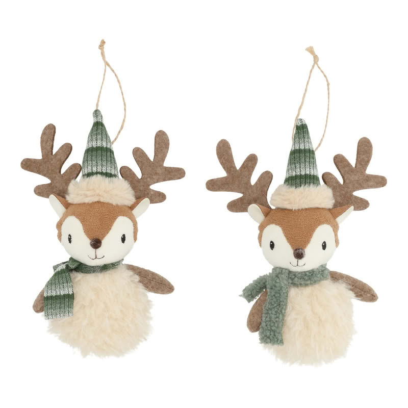 Renna peluche di Natale con cappello conico e sciarpa verde in 2 varianti assortite, perfetto come regalo natalizio