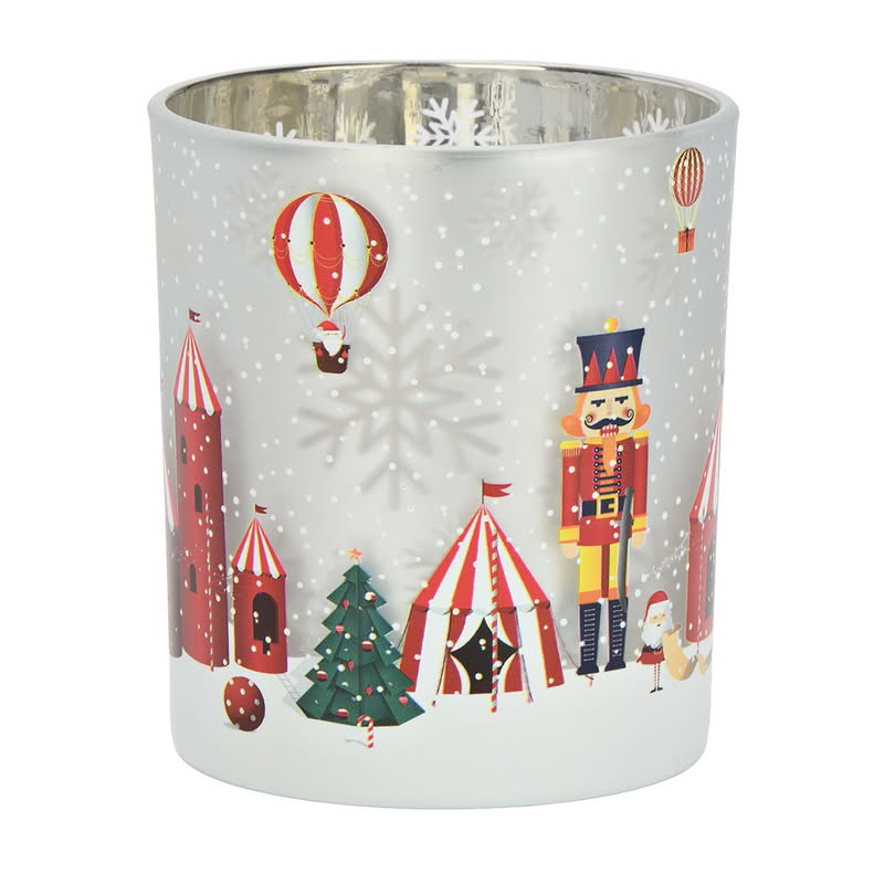 Bicchiere portacandele decorato con circo di Natale con mongolfiere e soldatini schiaccianoci